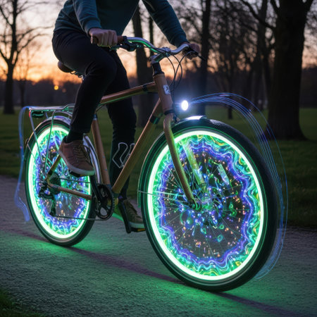 Cyclist riding a bicycle in the park at night with led lightsの素材