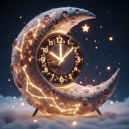 Time concept with clock and crescent moon. 3D Renderingの素材