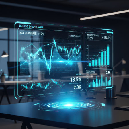 Futuristic glowing forex chart interface on office interior background. Finance and trade concept. 3D Renderingの素材