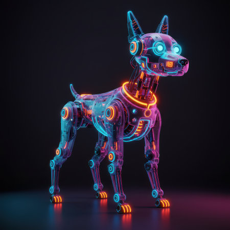 Neon robot on black background. 3D rendering. Neon bulbの素材