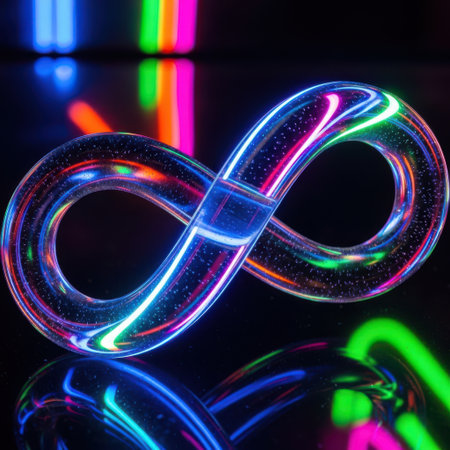 Glowing infinity symbol on black background, 3d render illustration.の素材