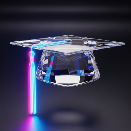 Graduation cap with blue neon lights. 3D render illustration.の素材