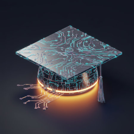 Microchip and Graduation Cap on black background. 3D Renderingの素材