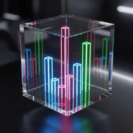 3d illustration of a cube with a glowing bar chart on itの素材