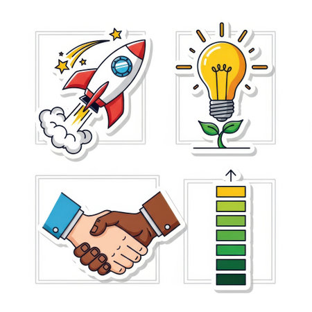 Business and startup icons set. Handshake, rocket, lightbulb, idea, success.の素材