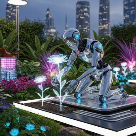 Robot and flowers in the garden. 3D illustration. Robot in the garden.の素材