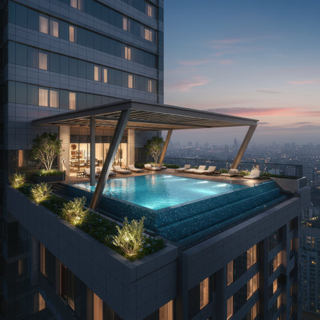 3d rendering of modern cozy house with pool and parking for sale or rent in luxurious style. Sunset over the city.の素材