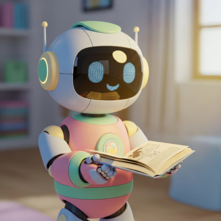 Cute robot reading a book at home. 3d rendering.の素材
