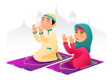 Muslims Praying with masjid in the background.のイラスト素材