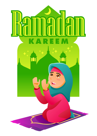 Muslim Woman praying and scene with mosque in the background. Ramadan Kareemのイラスト素材