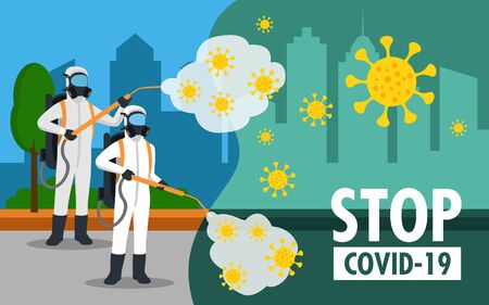 specialist in hazmat suit cleaning disinfecting coronavirus in the streets health risk full length horizontal vector illustrationのイラスト素材