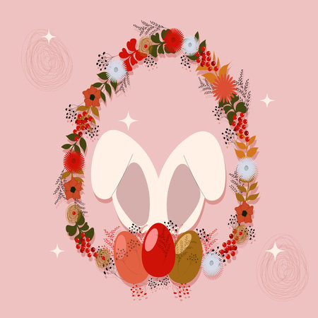 Happy Easter banner, poster, greeting card. Trendy Easter design with , bunnies, flowers.のイラスト素材
