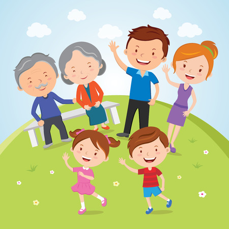 Family; A happy family portrait of Parents, Grandparents and Children are having outdoor activities のイラスト素材