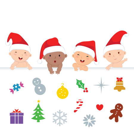 Christmas babies. Adorable babies with Christmas icons.のイラスト素材