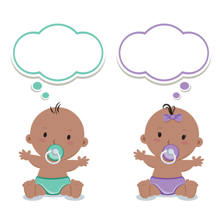 Cute baby boy and baby girl. Adorable babies with pacifiers and thinking bubbles.のイラスト素材