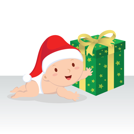 Cute baby boy with Christmas gift. Christmas baby boy crawling to the gift box.のイラスト素材