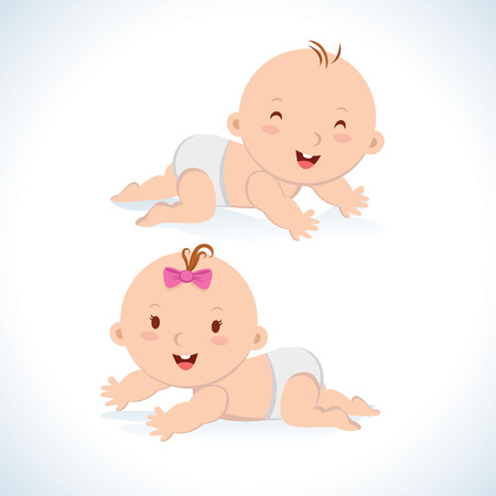 Cute baby crawling. Cute baby boy and girl crawling in a diaper.のイラスト素材