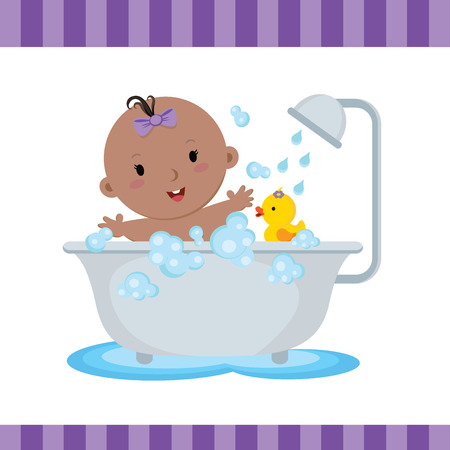 Cute baby girl bath. Cute baby boy taking a bath in tub.のイラスト素材