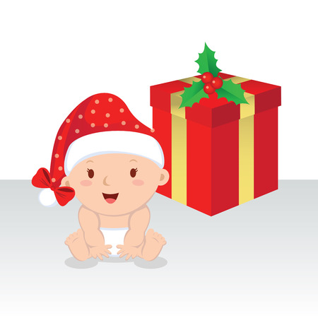 Cute baby girl with Christmas gift. Christmas baby girl with gift box.のイラスト素材