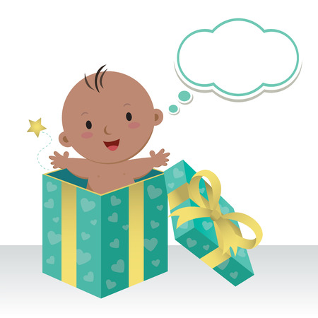 Is a baby boy. Wonderful sweet gift. Life is a precious gift. Cute baby boy in a gift box with thinking bubble.のイラスト素材