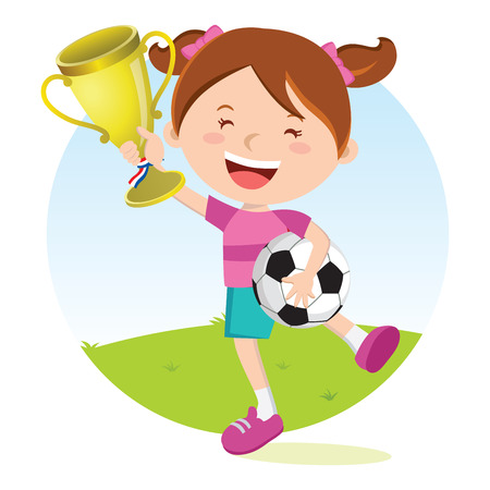 Soccer girl holding gold trophy. Girl holding trophy jumping for joy.のイラスト素材