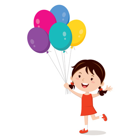 Girl holding balloons isolated. Happy girl gesturing with colorful balloons.のイラスト素材