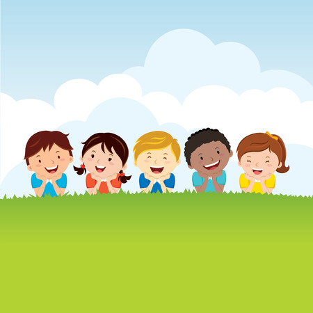 Kids lying on the grass. Group of happy children lying on the grass.のイラスト素材