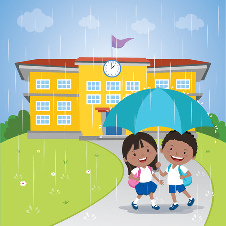 School kids sharing an umbrella in the rainのイラスト素材