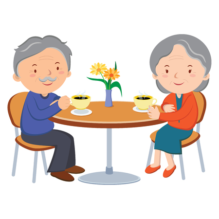 Senior couple dating. Vector illustration of cheerful old couple enjoying coffee together.のイラスト素材