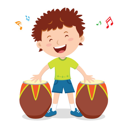 Little boy playing African drum. Vector illustration of a little boy enjoy playing African drum.のイラスト素材