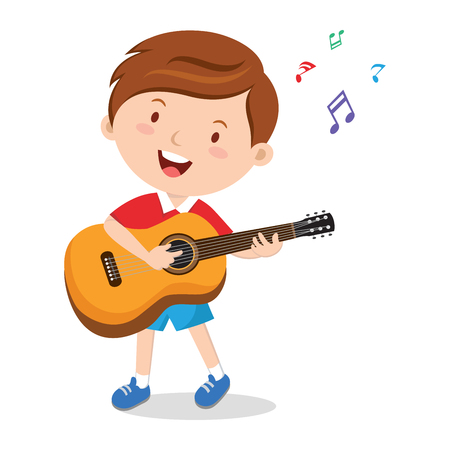 Boy playing guitar. Vector illustration of a cheerful boy playing guitar happily.のイラスト素材