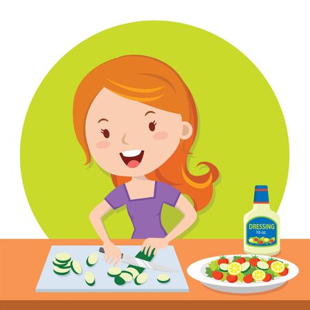 Woman cutting fresh vegetablesのイラスト素材