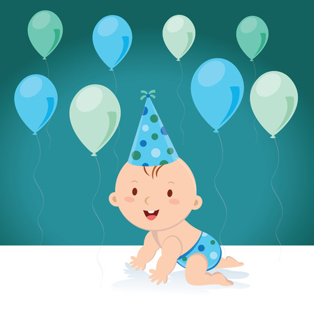 Little baby boy with balloons and birthday cap. Vector illustration of a baby boy with balloons and party hat.のイラスト素材