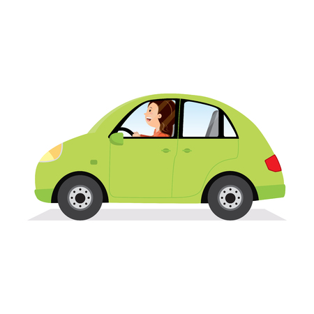 Businesswoman driving her car. Vector illustration of a young woman driving a car.のイラスト素材