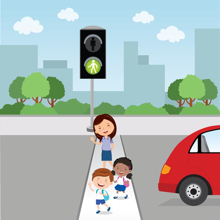 Crossing the road. Green light. Teacher and school kids crossing the road.のイラスト素材