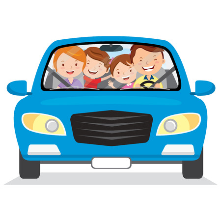 Happy family in the car. Vector illustration of family with the children driving in a blue car. Isolated.のイラスト素材