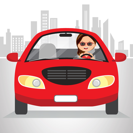 Young woman driving on the road. Vector illustration of a pretty woman driving.のイラスト素材