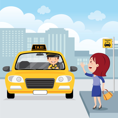Young woman raising her arm to call a taxiのイラスト素材