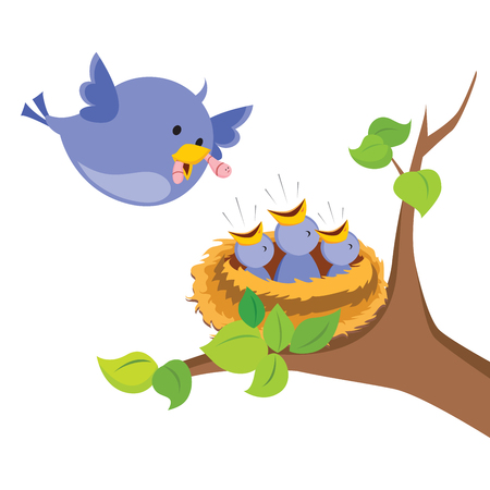 Mother bird love. Mother bird feeds the worm to her baby birds in the nest on the tree.のイラスト素材