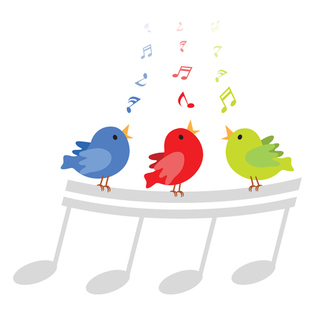Singing birds. Vector illustration of three little birds singing happily with musical notes.のイラスト素材