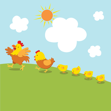 Chicken family walk. Vector illustration of cock, hen and little chicks walk together under the sun.のイラスト素材