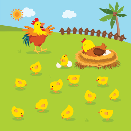 Farm. Chicken family. Rooster, hen hatching eggs and chicks in the farm.のイラスト素材