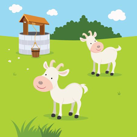 Farm. Goats and well.のイラスト素材