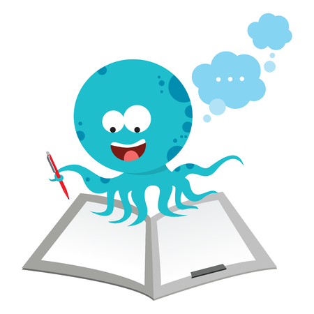 Octopus writing report. Cartoon Octopus brainstorming.のイラスト素材