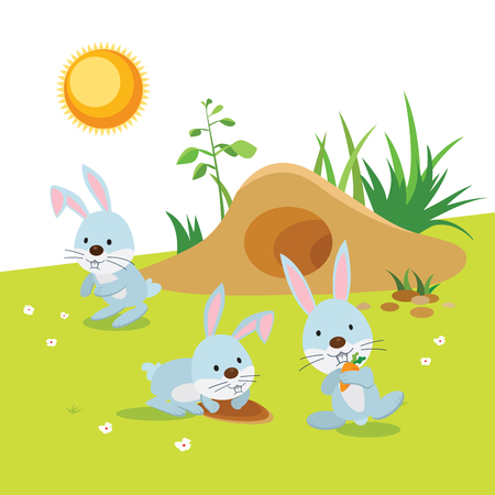 Rabbits Activities. Rabbits or bunnies having their outdoor activities.のイラスト素材
