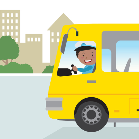 Cheerful bus driver. Vector illustration of a school bus driver on the road.のイラスト素材