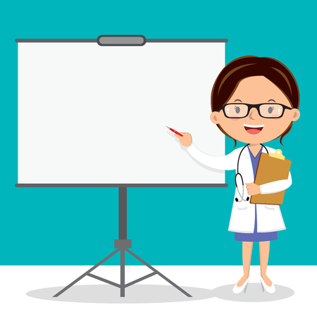 Female doctor on presentation. Doctor with clipboard giving medical presentation.のイラスト素材