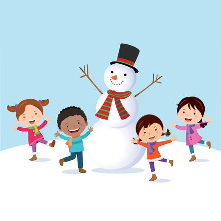 Winter fun. Cheerful kids with snowman.のイラスト素材