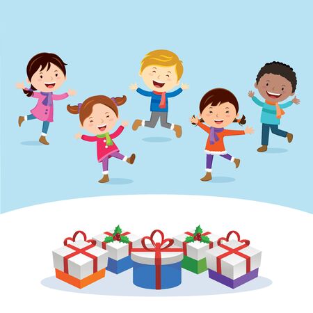 Winter fun. Cheerful kids with  Christmas gifts.のイラスト素材