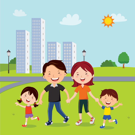 Family walk in the neighborhood illustration.のイラスト素材